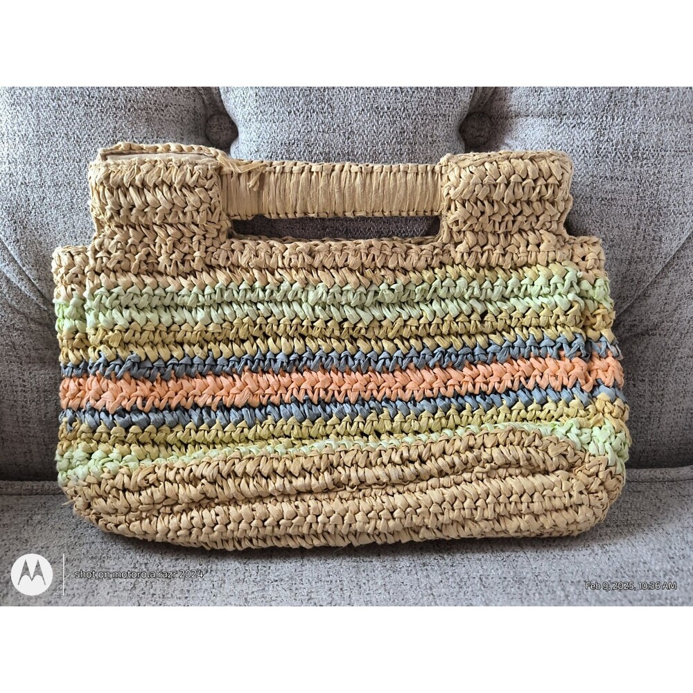 O'Neill Brandi Raffia Straw Hand Bag mini Tote Multicolored stripe beachy boho - Picture 3 of 7